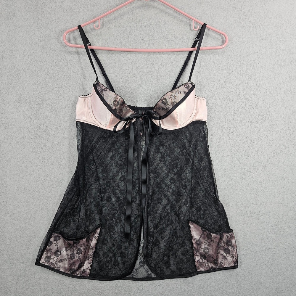 Victoria's Secret Babydoll Lingerie Womens 34B Pink Black Lace Satin Sheer Maid